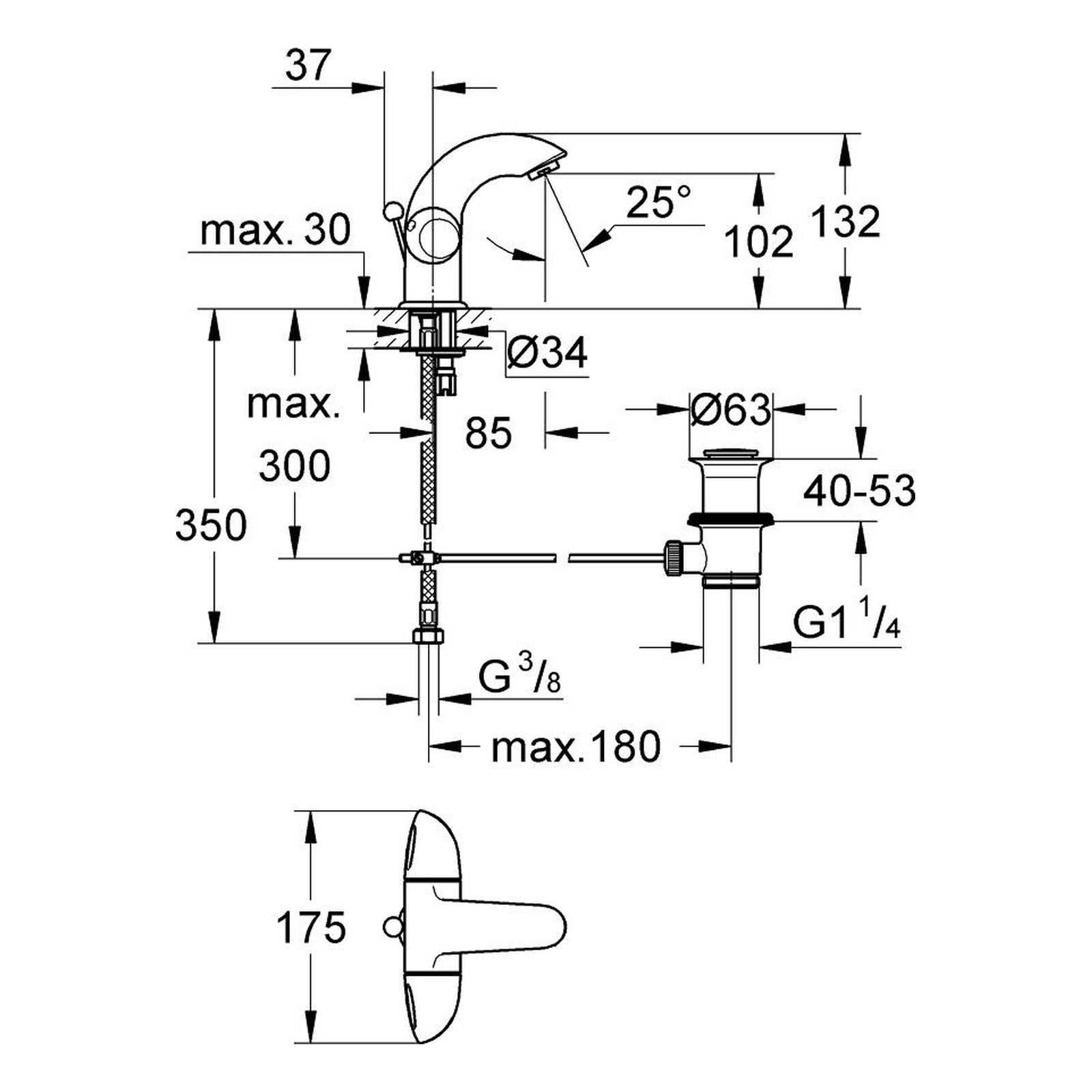 Maattekening Grohe Aria wastafelmengkraan
