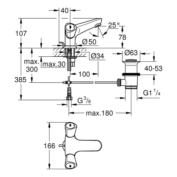 Maattekening Grohe Costa S wastafelmengkraan