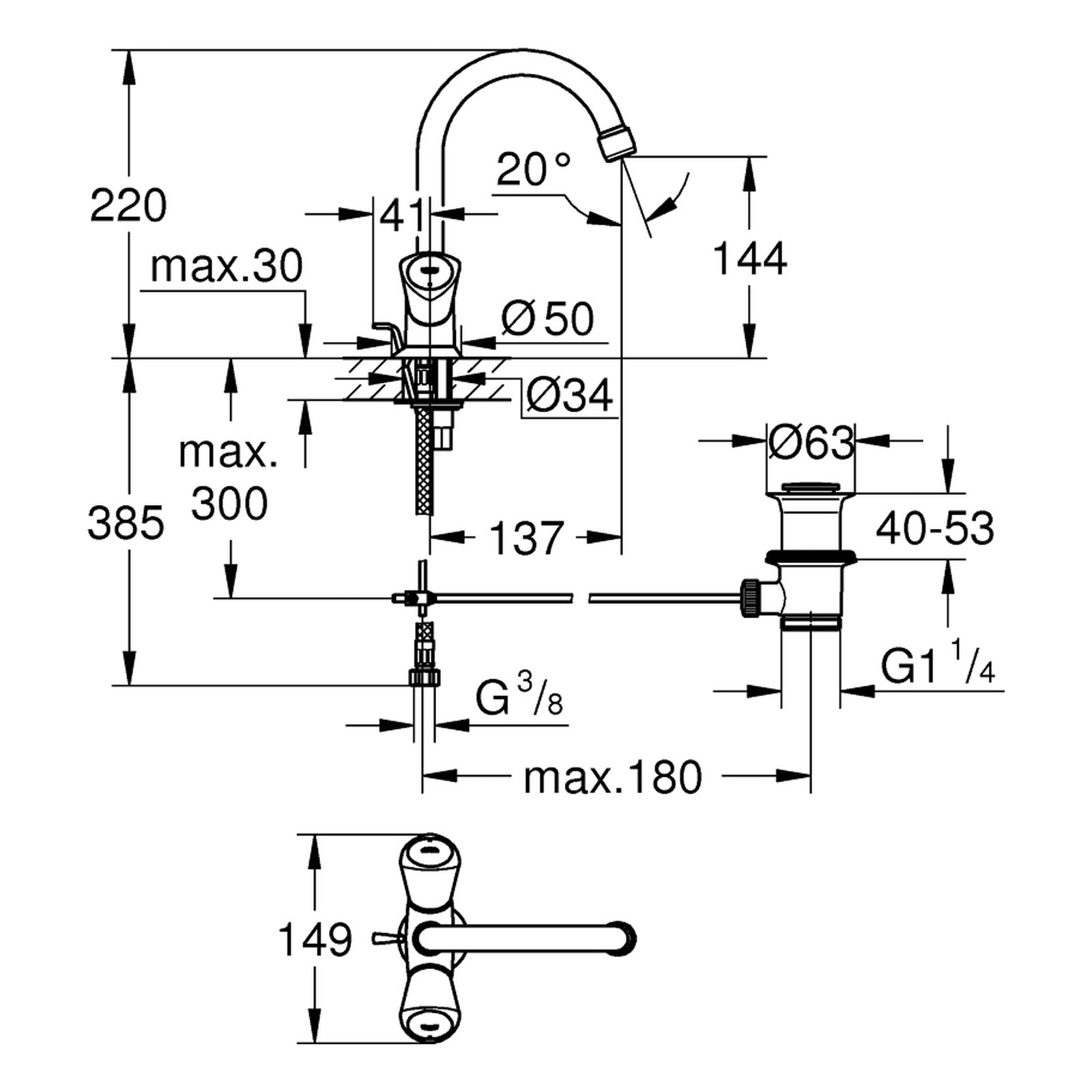 Maattekening Grohe Costa S wastafelmengkraan