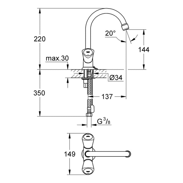 Maattekening Grohe Costa S wastafelmengkraan