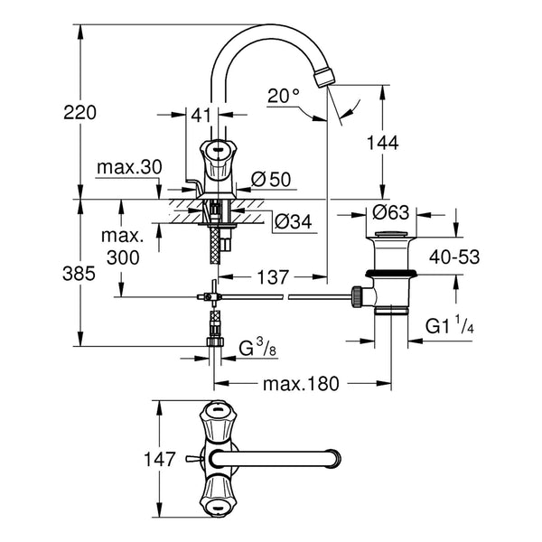 Maattekening Grohe Costa L wastafelmengkraan