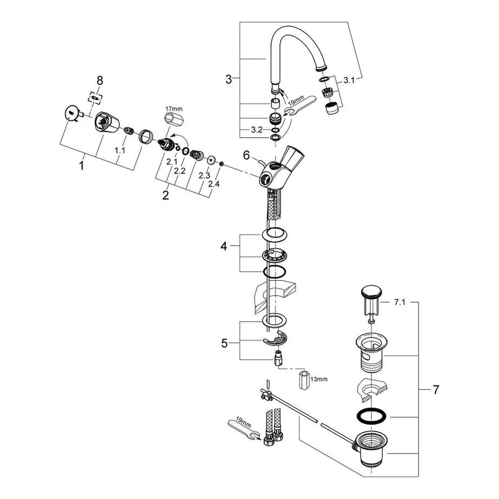 Onderdelentekening Grohe Costa L wastafelmengkraan