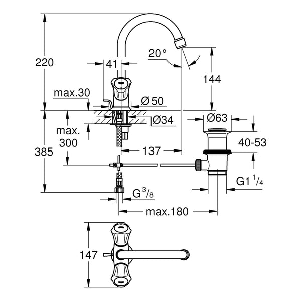 Maattekening Grohe Costa L wastafelmengkraan