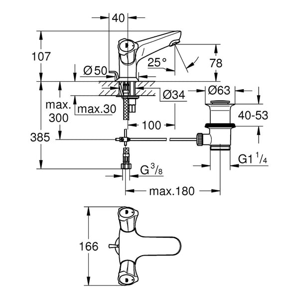 Maattekening Grohe Costa L wastafelmengkraan