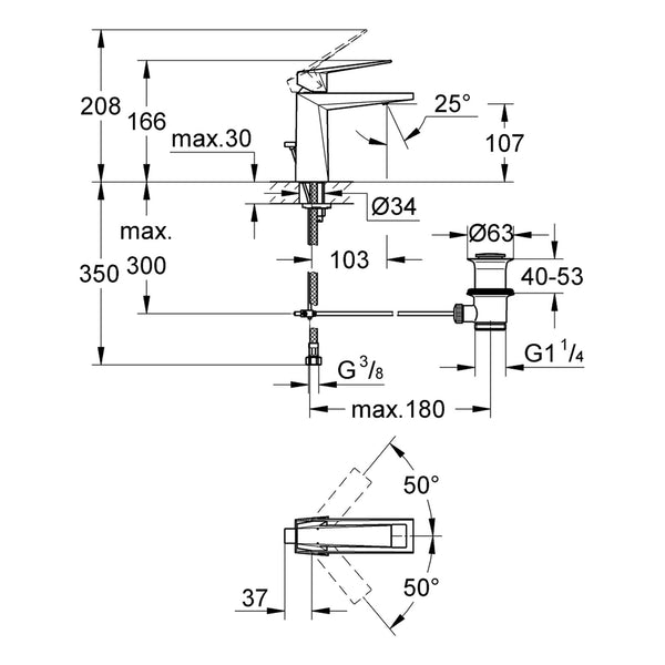 Maattekening Grohe Allure Brilliant wastafelmengkraan M-Size