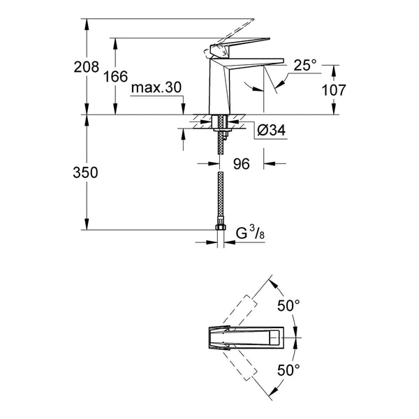 Maattekening Grohe Allure Brilliant wastafelmengkraan M-Size