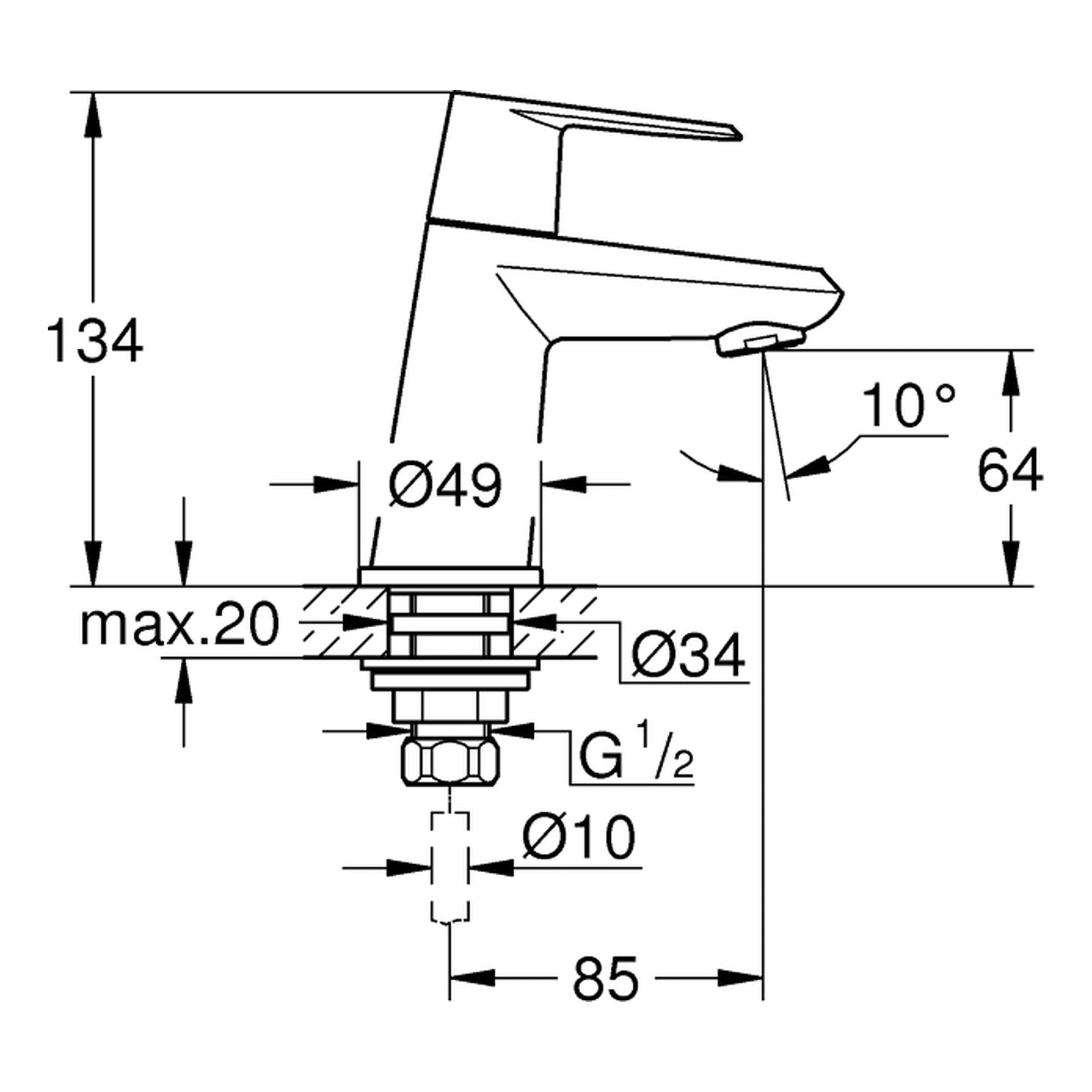 Maattekening Grohe Eurodisc Cosmopolitan toiletkraan XS-Size