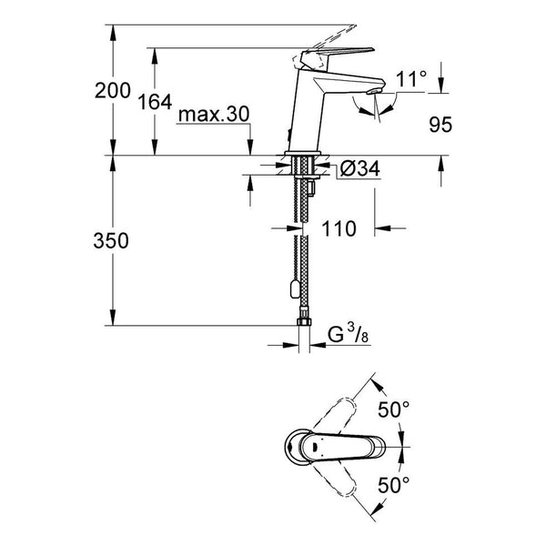 Maattekening Grohe Eurodisc Cosmopolitan wastafelmengkraan S-Size