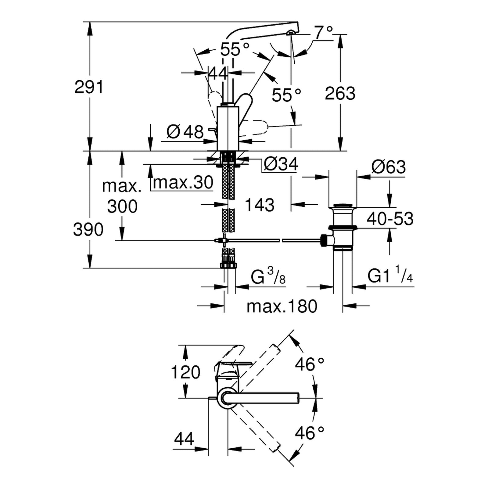 Maattekening Grohe Eurodisc Cosmopolitan wastafelmengkraan L-Size