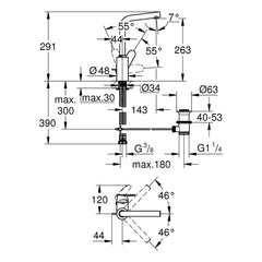 Maattekening Grohe Eurodisc Cosmopolitan wastafelmengkraan L-Size