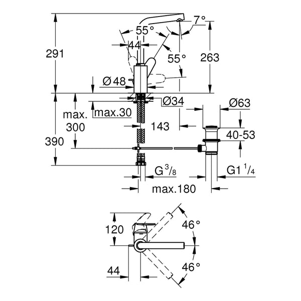 Maattekening Grohe Eurodisc Cosmopolitan wastafelmengkraan L-Size