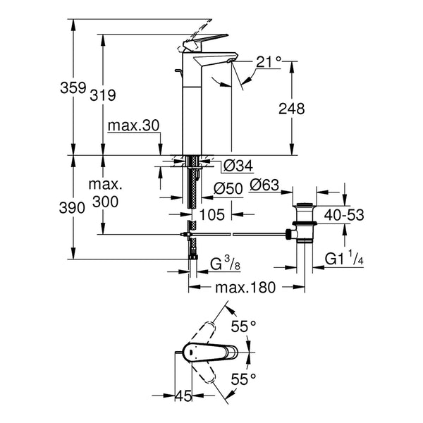 Maattekening Grohe Eurodisc Cosmopolitan wastafelmengkraan XL-Size