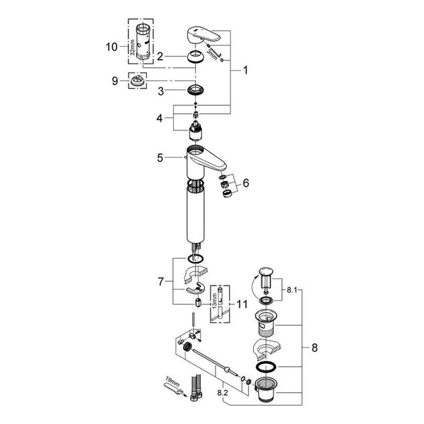 Onderdelentekening Grohe Eurodisc Cosmopolitan wastafelmengkraan XL-Size