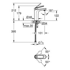 Maattekening Grohe Veris wastafelmengkraan M-Size