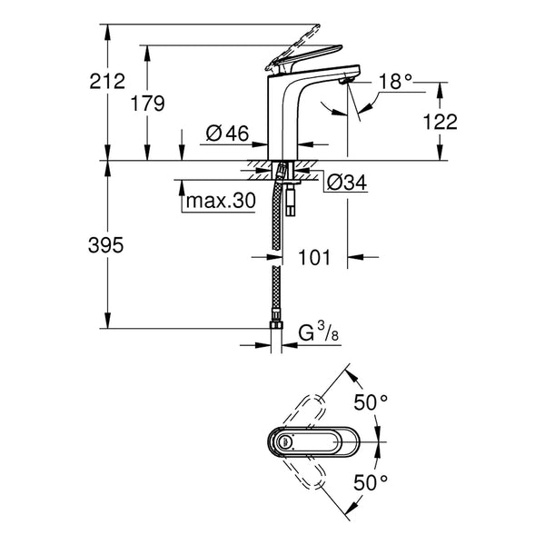 Maattekening Grohe Veris wastafelmengkraan M-Size