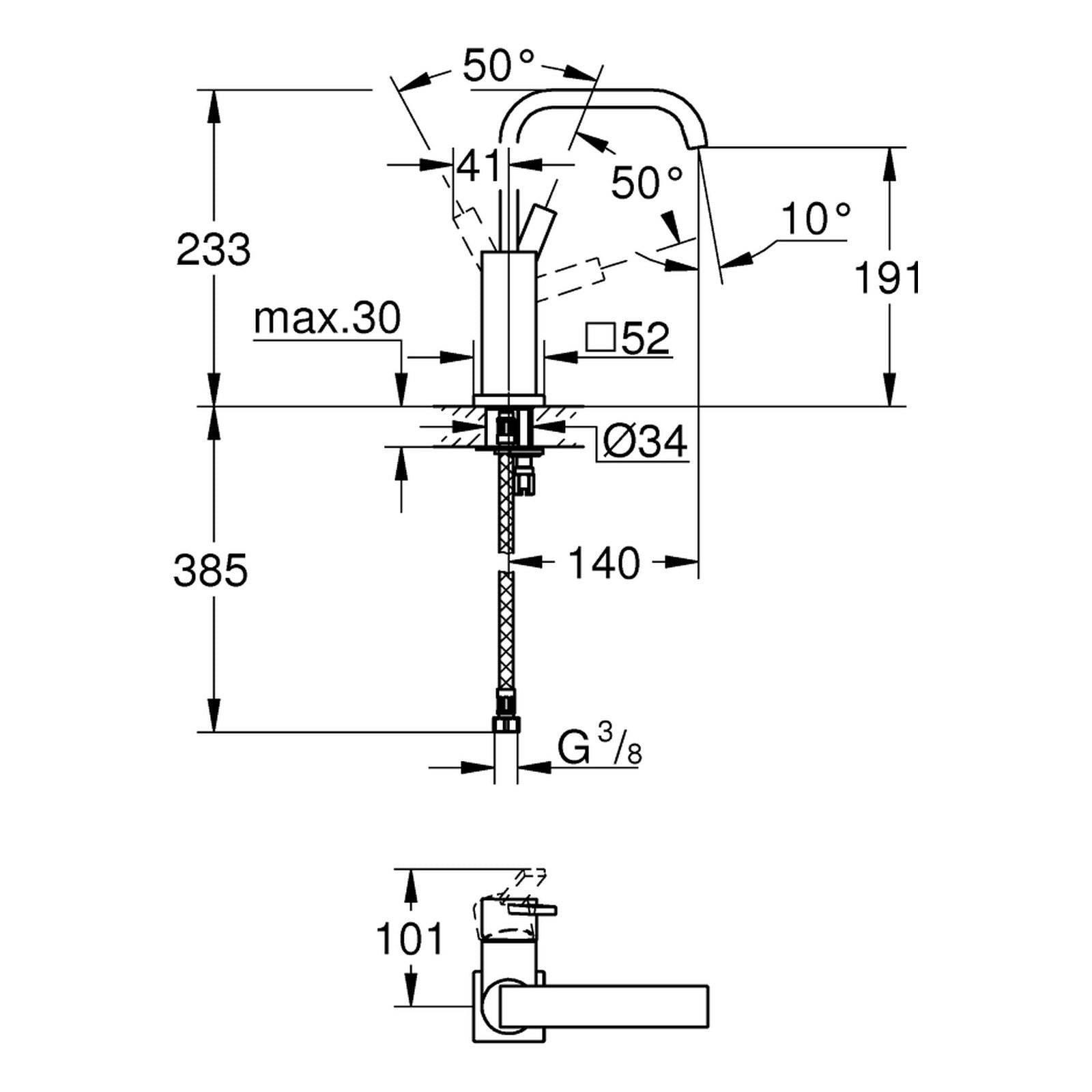 Maattekening Grohe Allure wastafelmengkraan L-Size