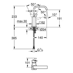 Maattekening Grohe Allure wastafelmengkraan L-Size