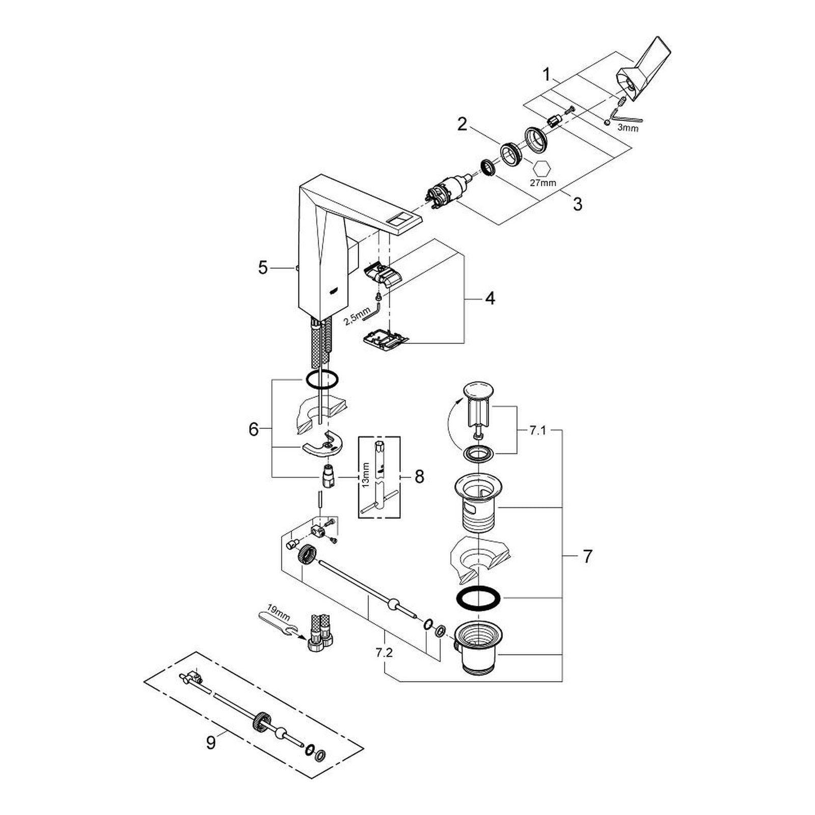 Onderdelentekening Grohe Allure Brilliant wastafelmengkraan L-Size 2010–2016