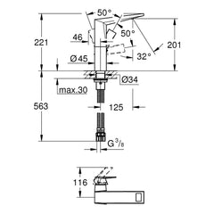 Maattekening Grohe Allure Brilliant wastafelmengkraan L-Size