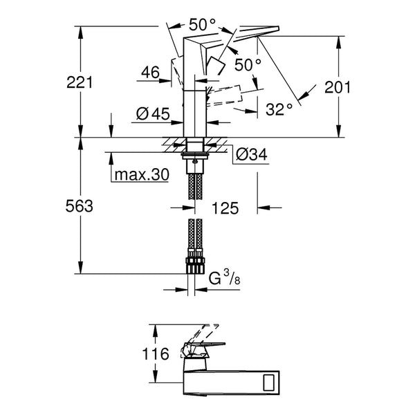 Maattekening Grohe Allure Brilliant wastafelmengkraan L-Size