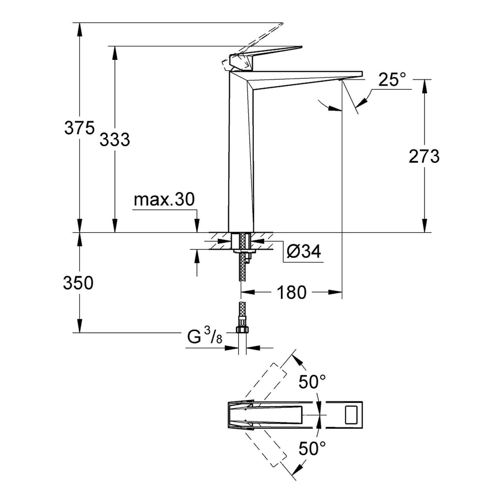 Maattekening Grohe Allure Brilliant wastafelmengkraan XL-Size