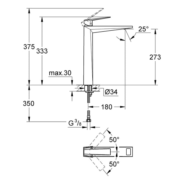 Maattekening Grohe Allure Brilliant wastafelmengkraan XL-Size