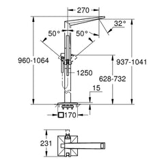 Maattekening Grohe Allure Brilliant badmengkraan, vloermontage