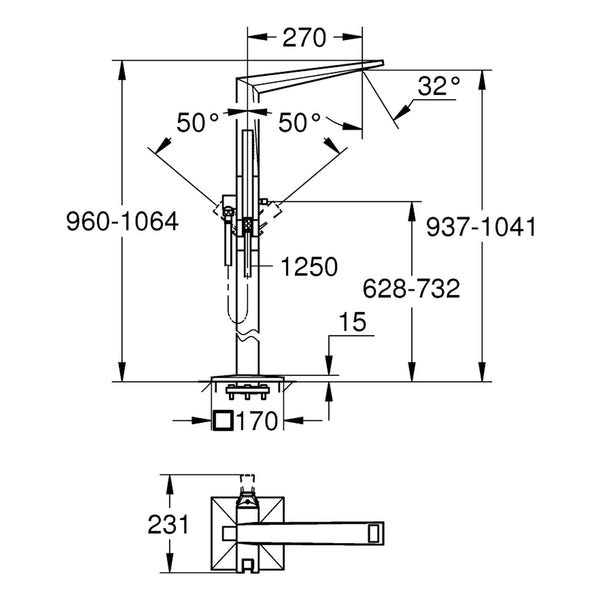 Maattekening Grohe Allure Brilliant badmengkraan, vloermontage