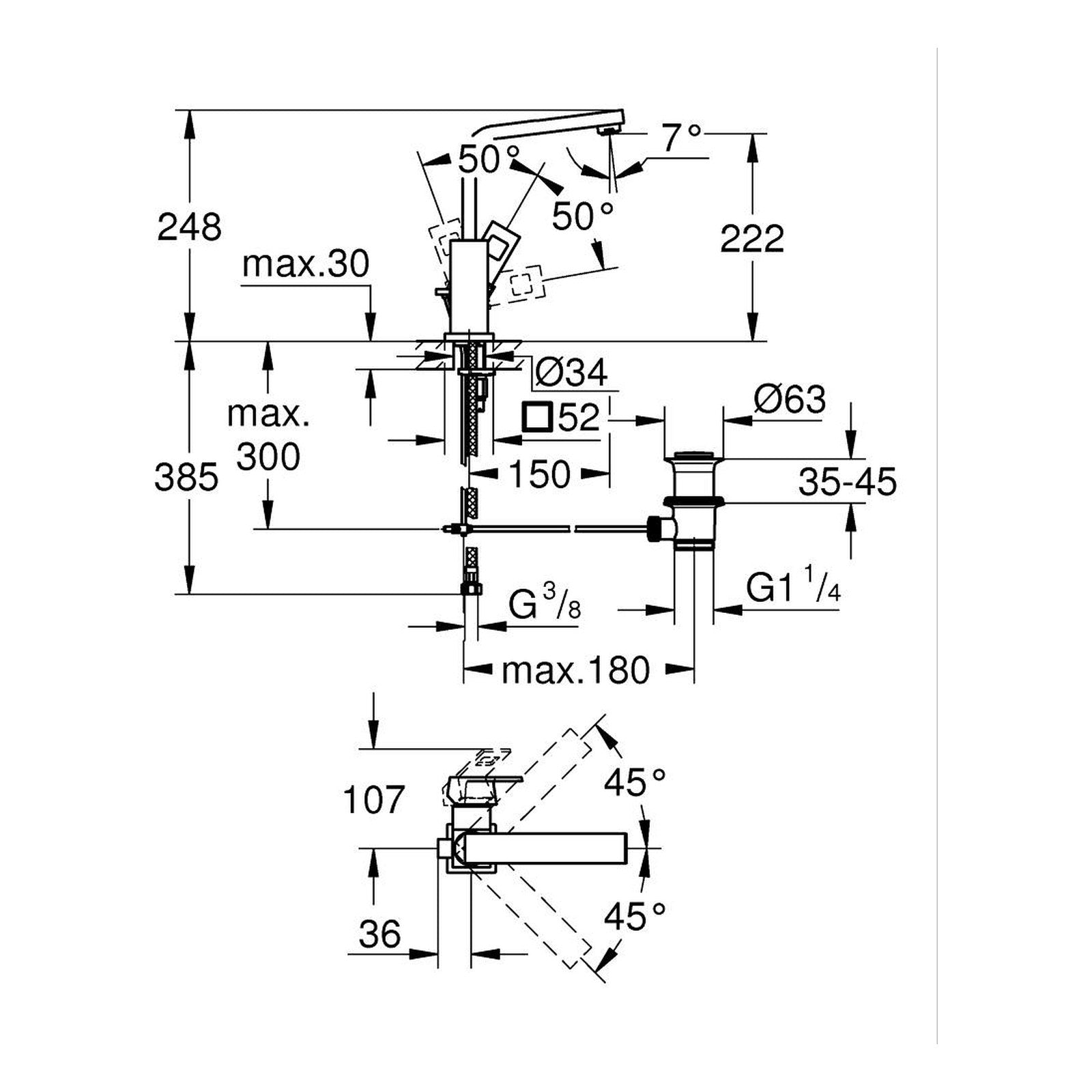 Maattekening Grohe Eurocube wastafelmengkraan L-Size