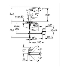 Maattekening Grohe Eurocube wastafelmengkraan L-Size