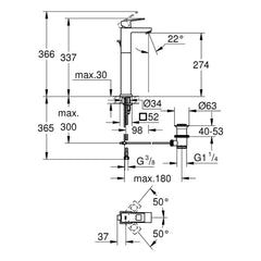 Maattekening Grohe Eurocube wastafelmengkraan XL-Size
