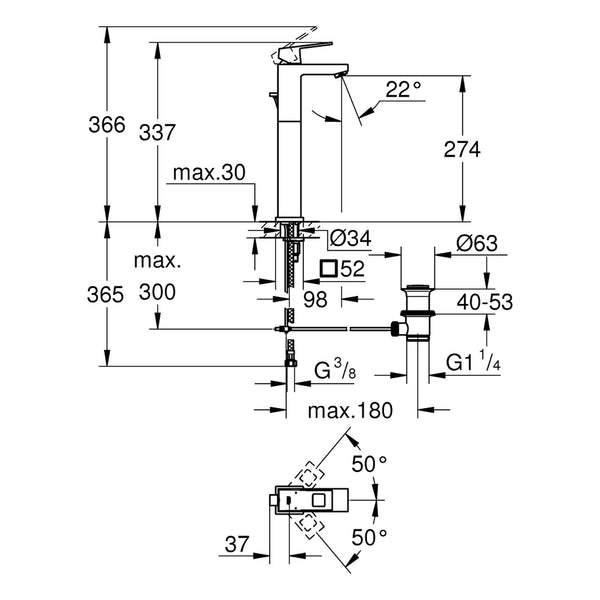 Maattekening Grohe Eurocube wastafelmengkraan XL-Size