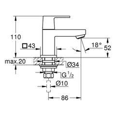 Maattekening Grohe Eurocube toiletkraan XS-Size