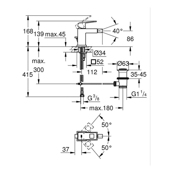 Maattekening Grohe Eurocube bidetmengkraan S-Size