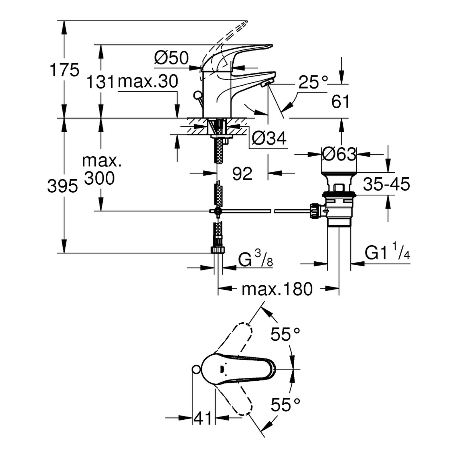 Maattekening Grohe EuroPro wastafelmengkraan S-Size