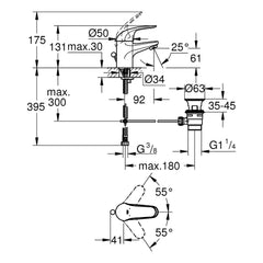 Maattekening Grohe EuroPro wastafelmengkraan S-Size