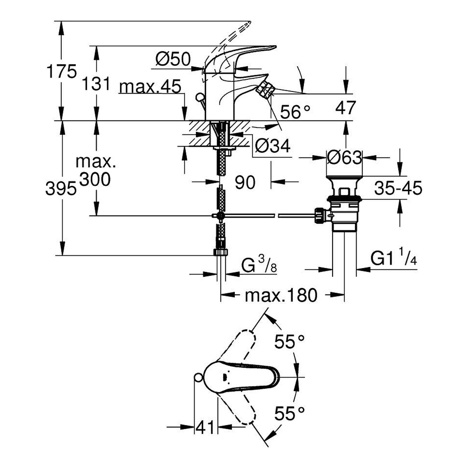 Maattekening Grohe EuroPro bidetmengkraan S-Size