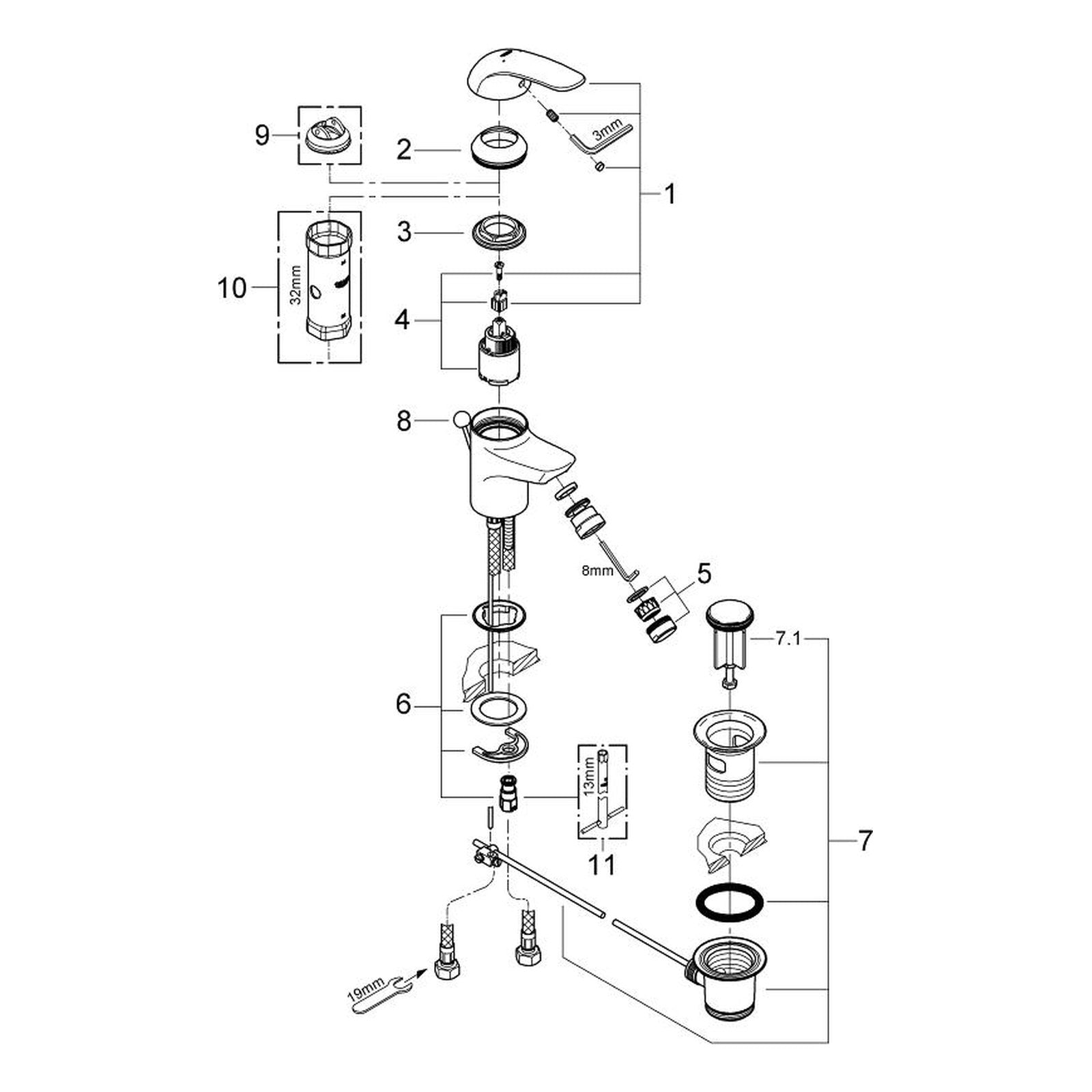 Onderdelentekening Grohe EuroPro bidetmengkraan S-Size 2011–2017