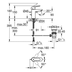 Maattekening Grohe BauEdge wastafelmengkraan S-Size