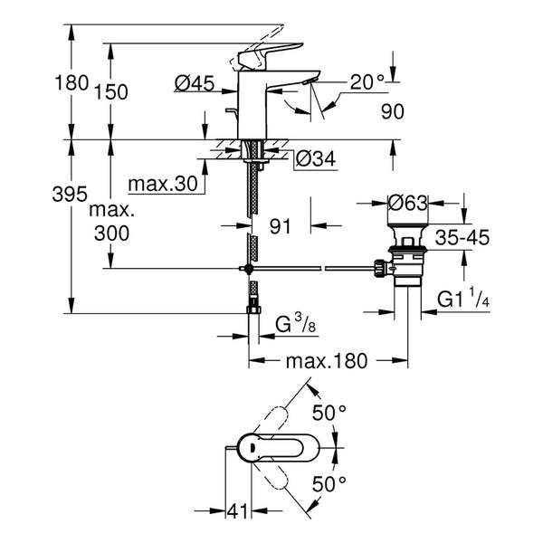 Maattekening Grohe BauEdge wastafelmengkraan S-Size