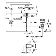 Maattekening Grohe BauEdge bidetmengkraan