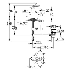 Maattekening Grohe BauLoop wastafelmengkraan S-Size