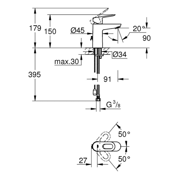 Maattekening Grohe BauLoop wastafelmengkraan S-Size