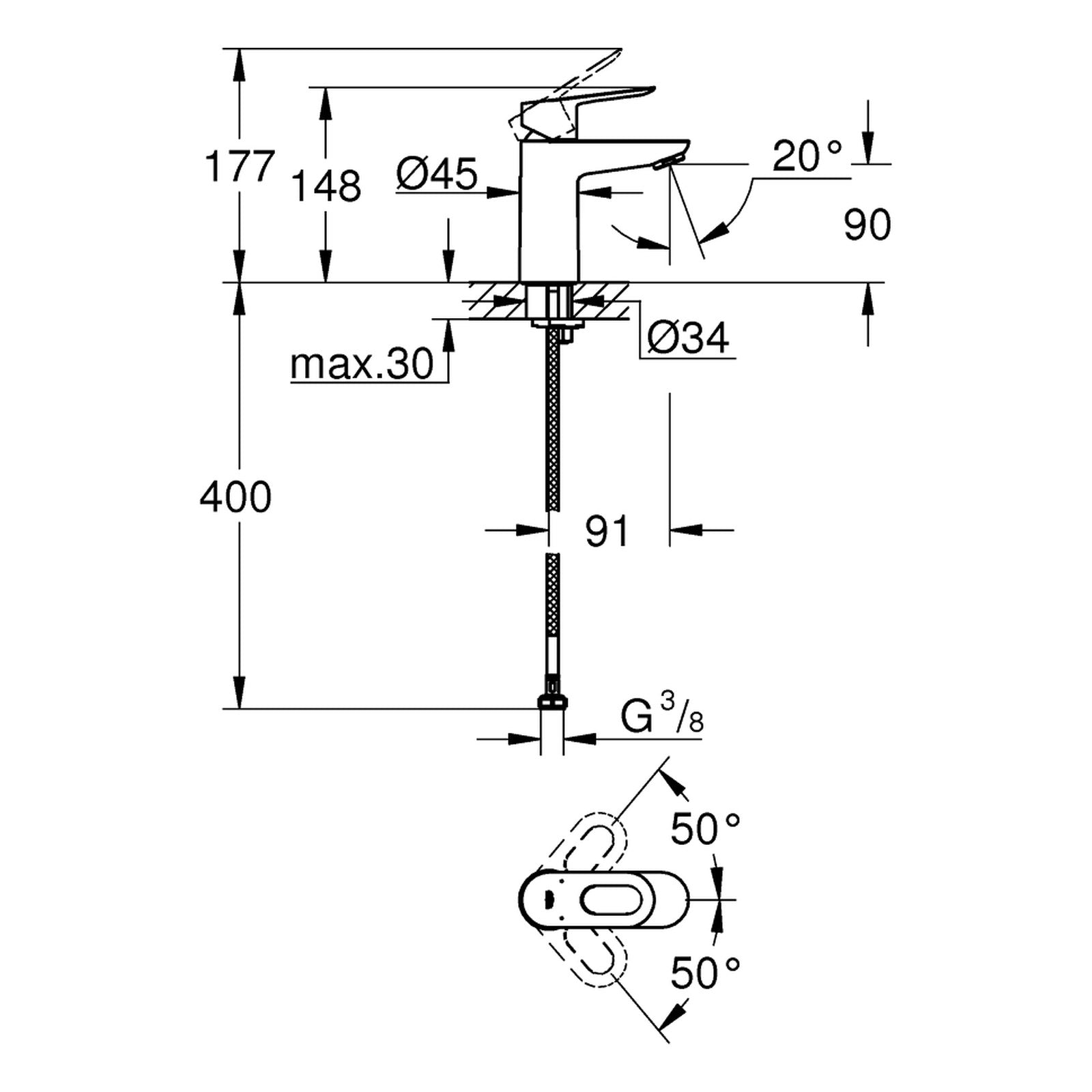 Maattekening Grohe BauLoop wastafelmengkraan S-Size