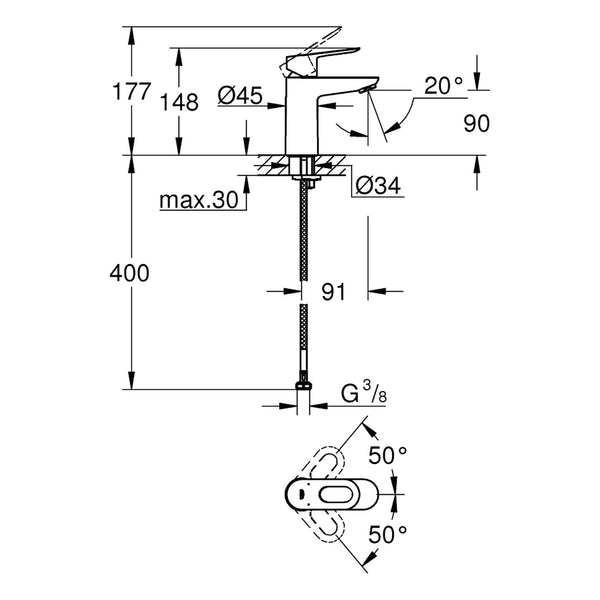 Maattekening Grohe BauLoop wastafelmengkraan S-Size