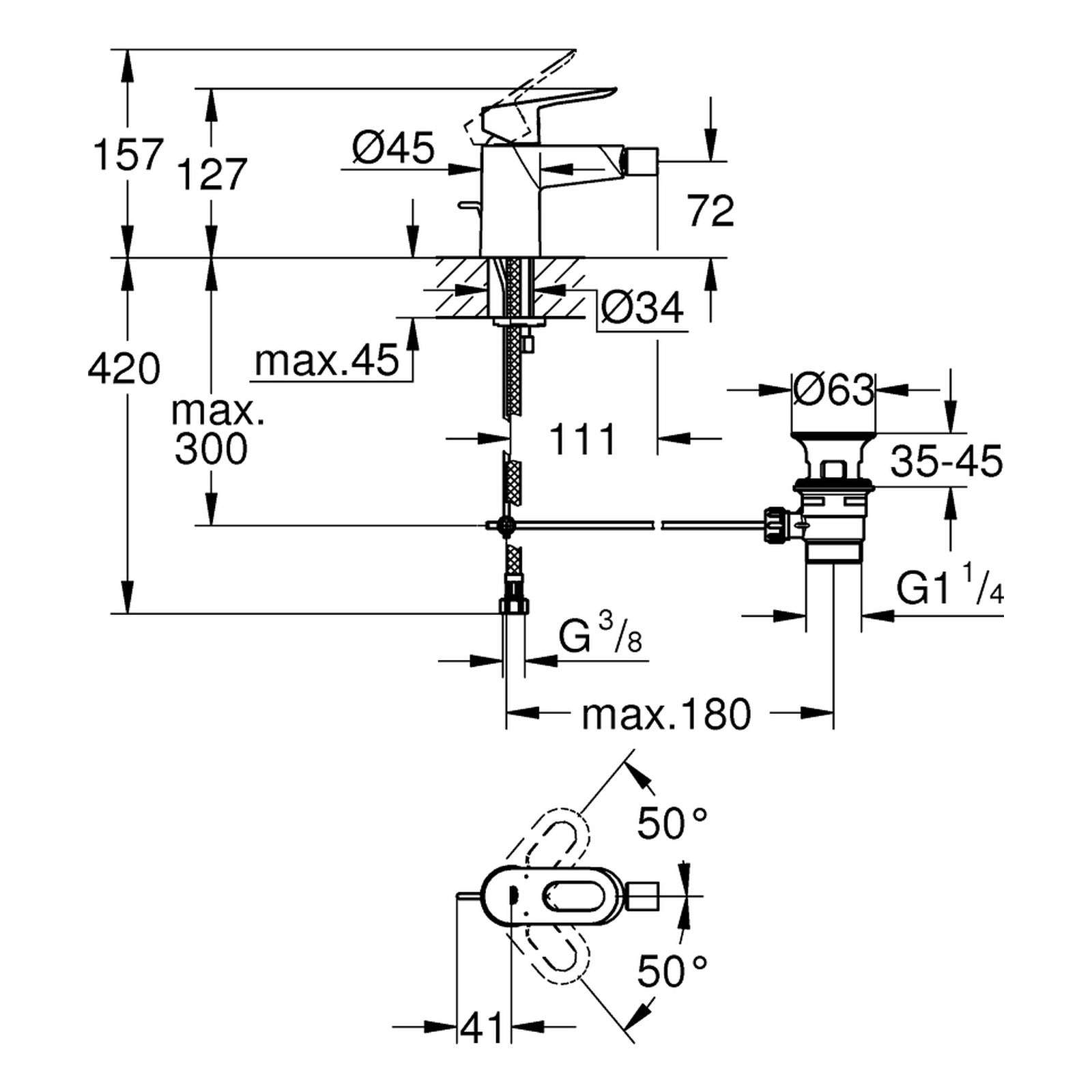 Maattekening Grohe BauLoop bidetmengkraan