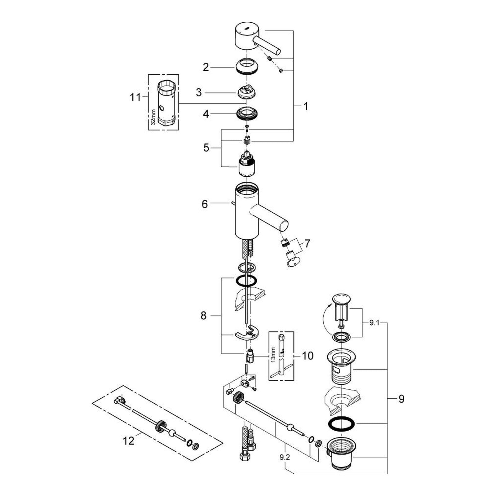 Onderdelentekening Grohe Essence wastafelmengkraan S-Size