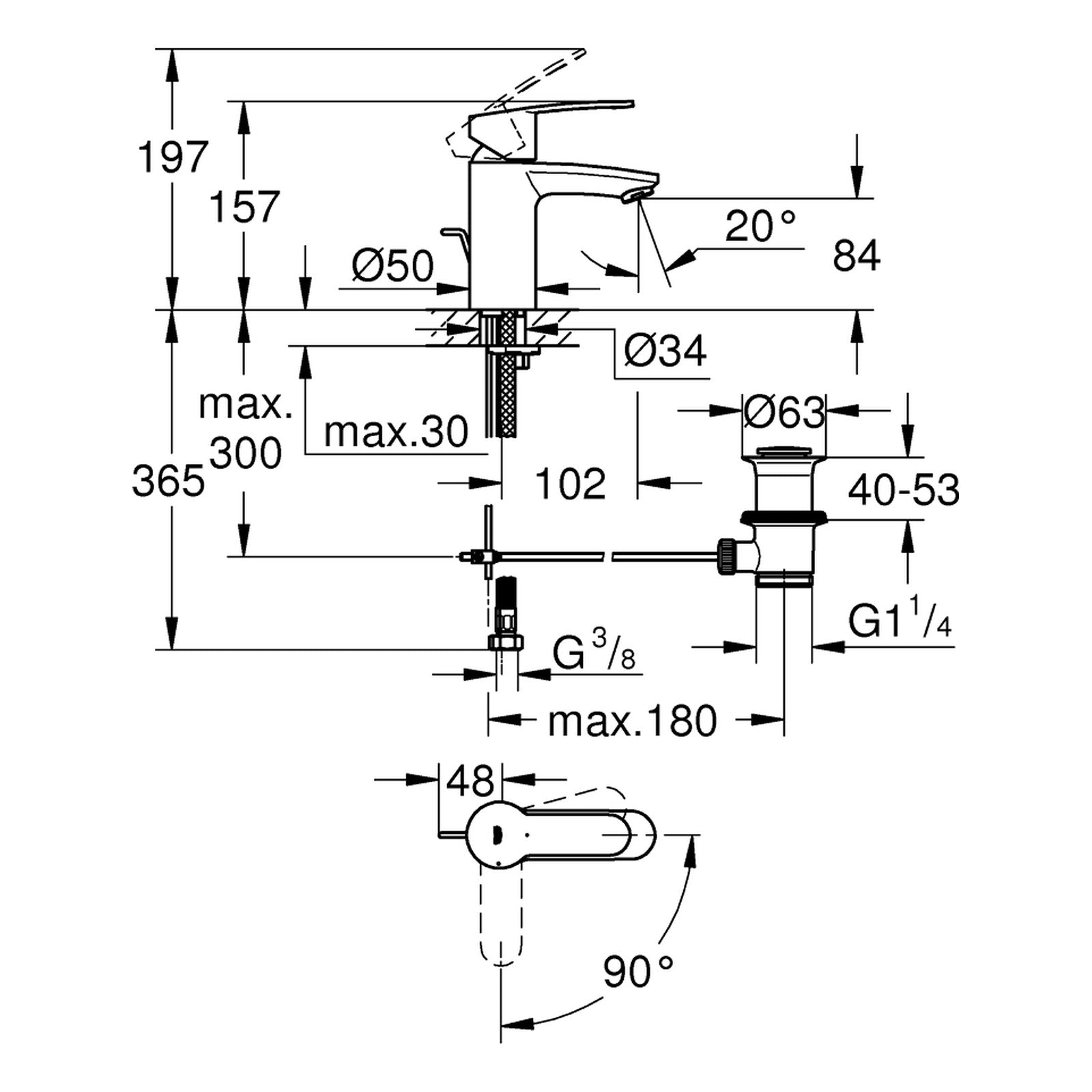 Maattekening Grohe Eurostyle Cosmopolitan wastafelmengkraan S-Size