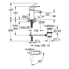 Maattekening Grohe Eurostyle Cosmopolitan wastafelmengkraan S-Size