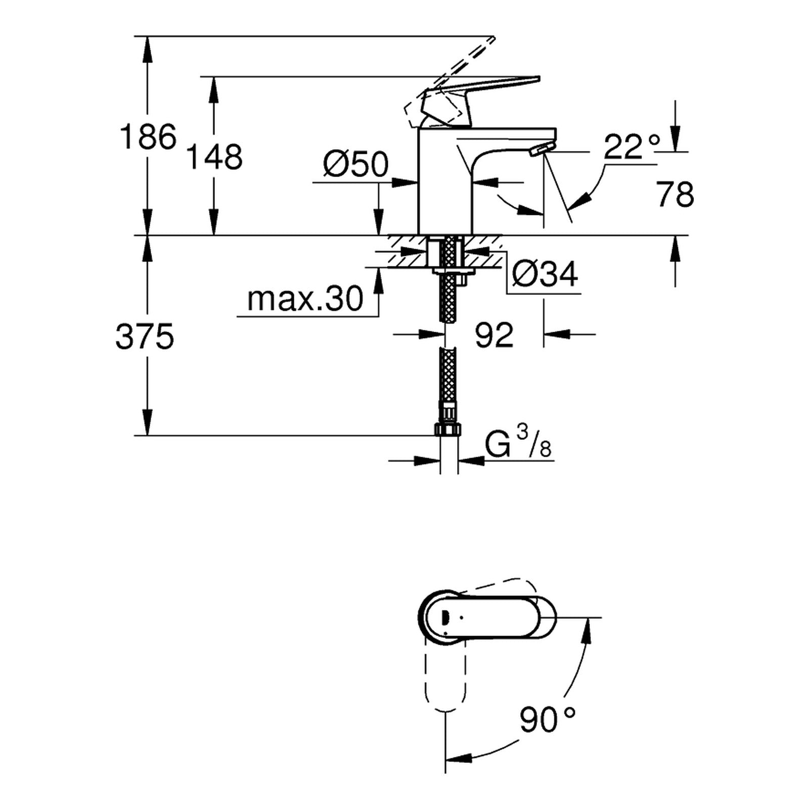 Maattekening Grohe Eurosmart Cosmopolitan wastafelmengkraan S-Size